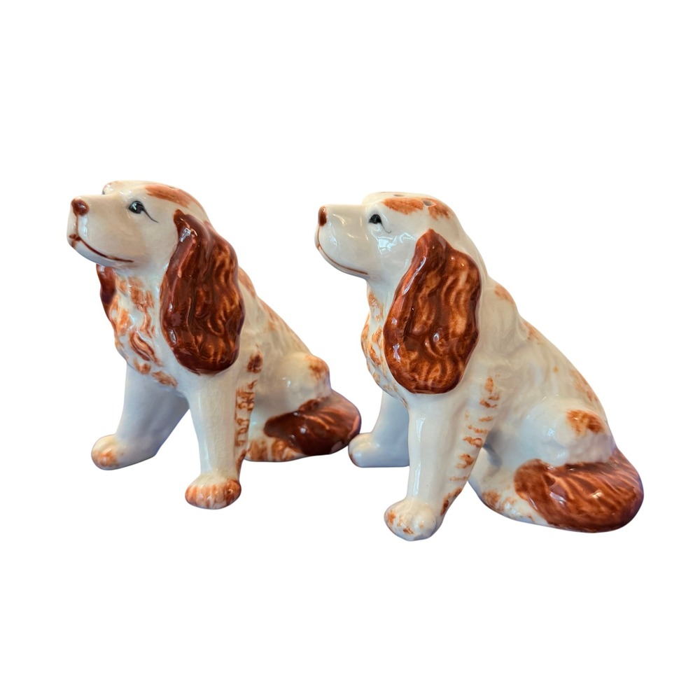 Vintage Spaniel Dog Salt and Pepper Shakers Ceramic Japan Brown White #2936 - Picture 2 of 13